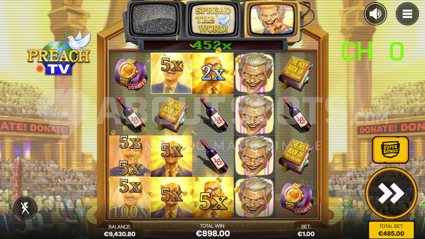 Super Bonus in progress, showing a Preacher feature triggered, awarding multiple instant prizes from high-value symbols on the grid.