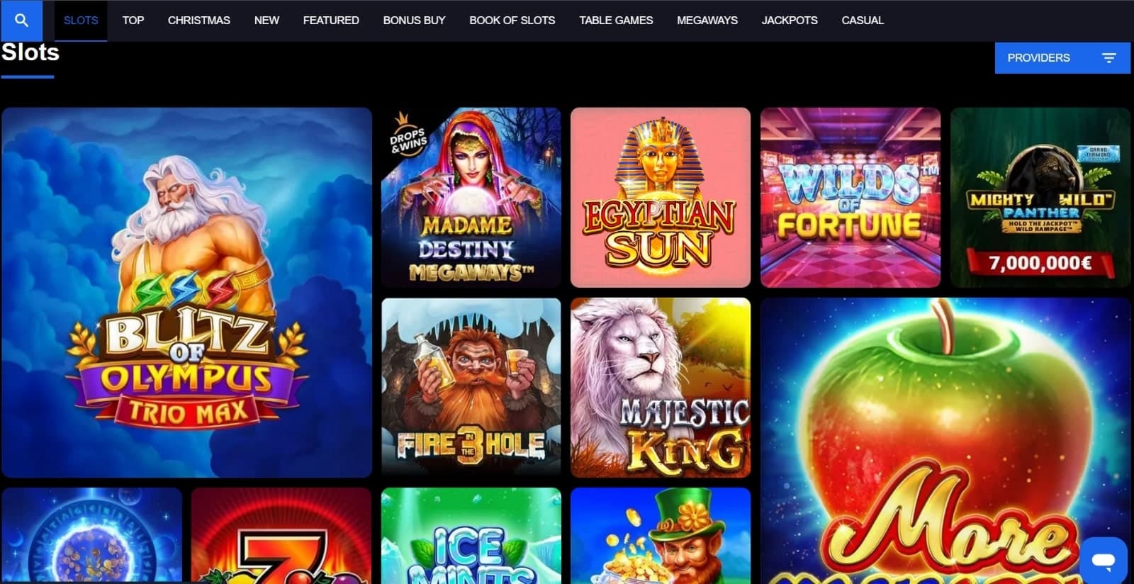 Pribet Casino games page with the colorful slot game icons such as Majestic King, Wilds of Fortunes, and others, under top navigation menus