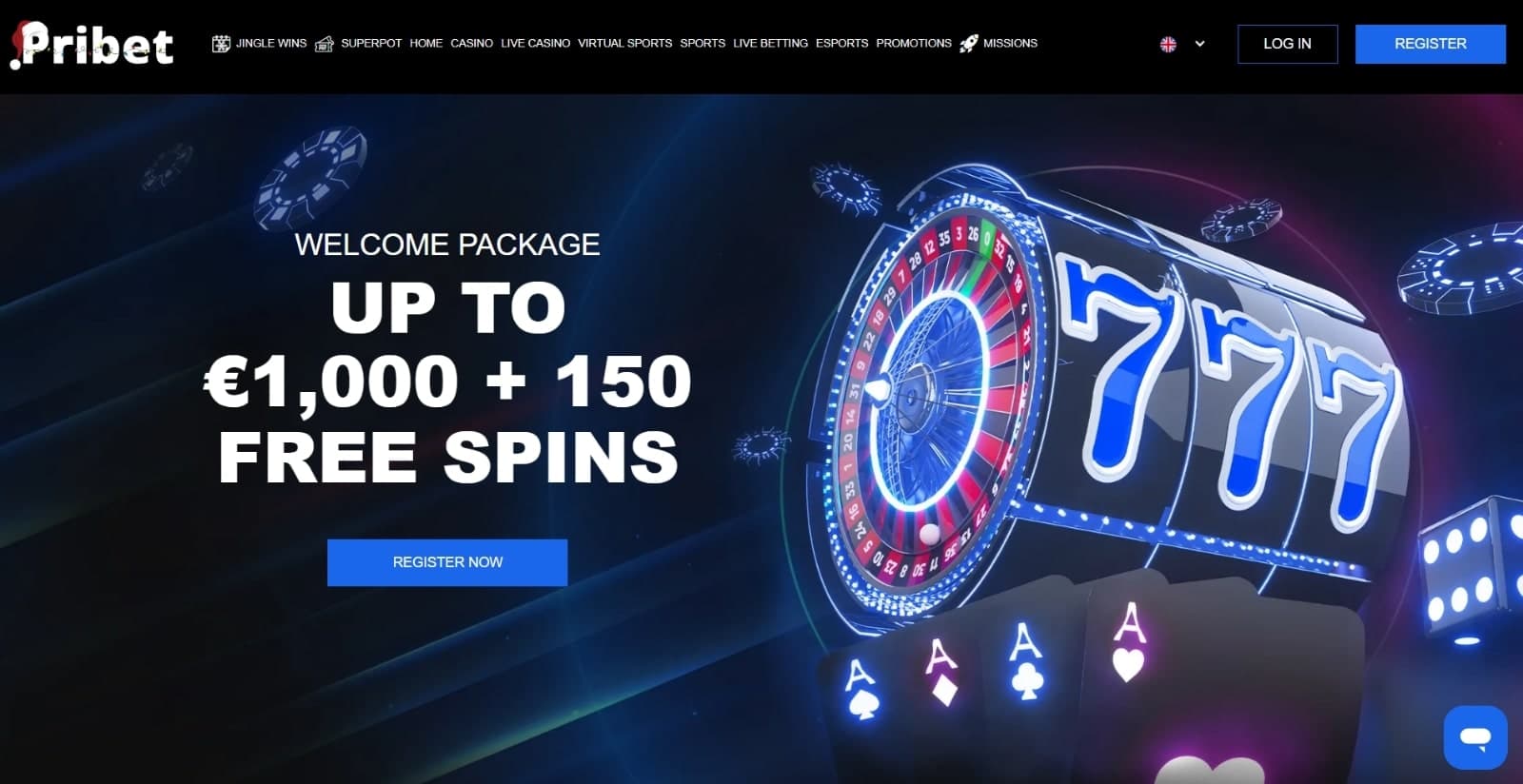 Pribet Casino landing page with the welcome bonus banner  of 1000 euros and 150 free spins with 777 reel, and top navigation menus
