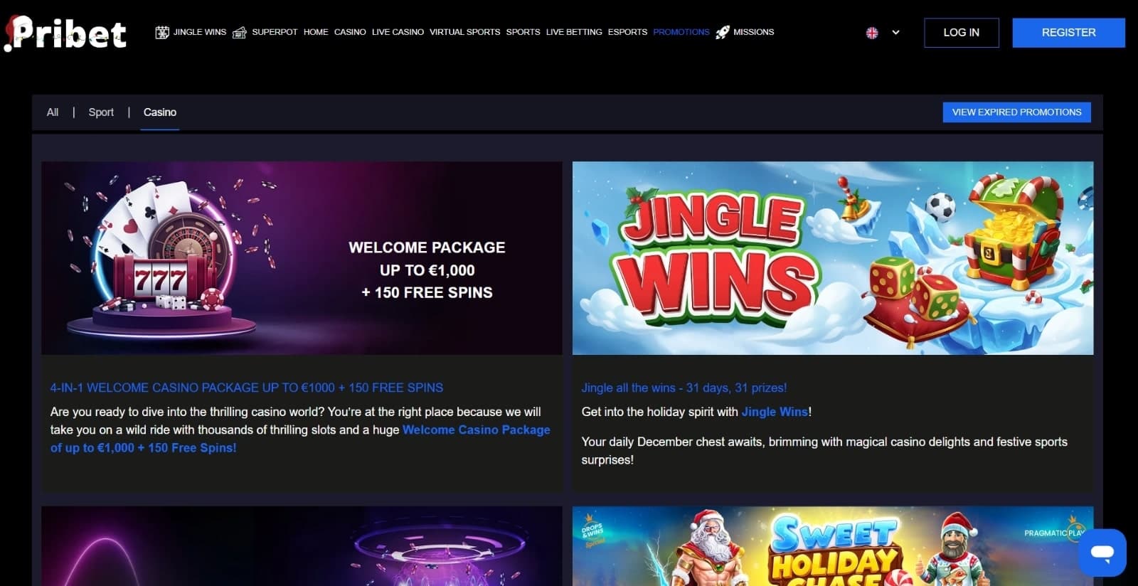 Pribet Casino promotions page with the welcome bonus, reload bonus and seasonal offer banners