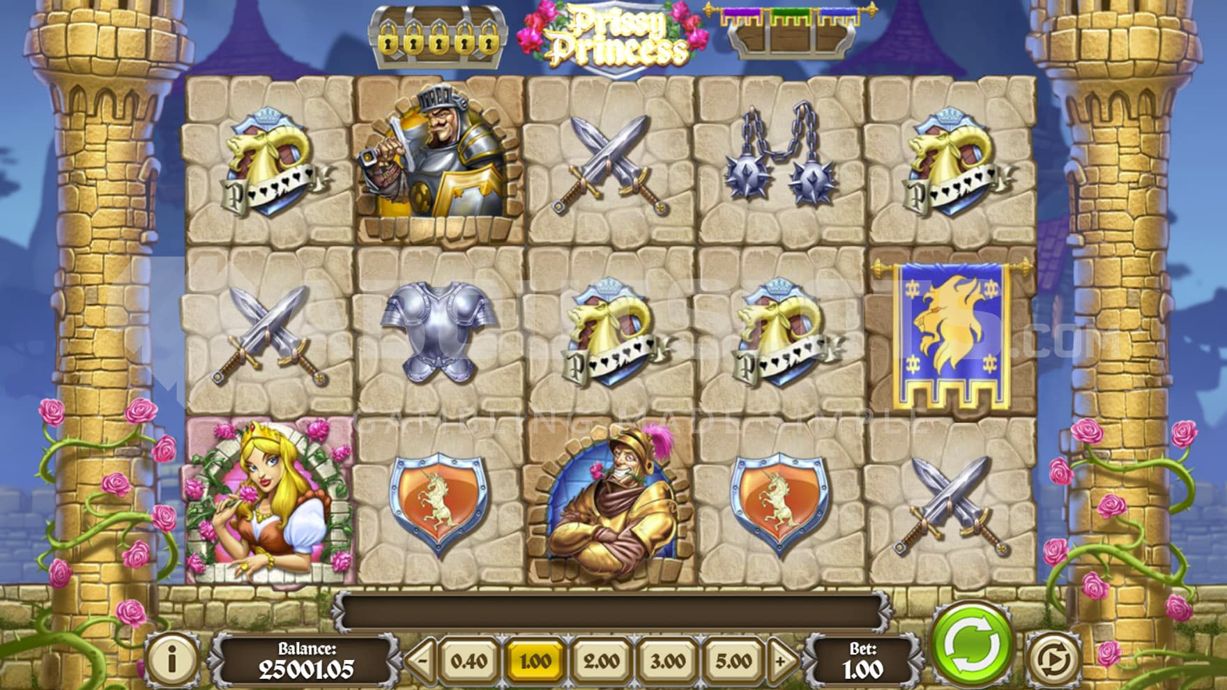 Base Game view of a 5x3 grid with stone tiles, surrounded by two columns wrapped in rose vines.