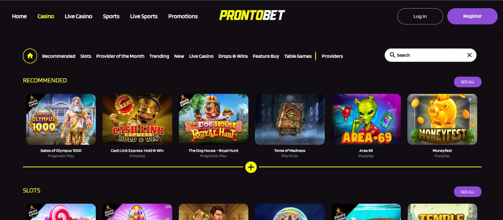 ProntoBet Casino games page with recommended slot games 