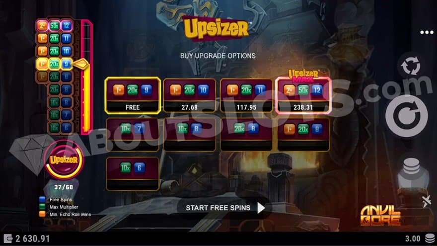 A menu to buy upgrades for the free spins.