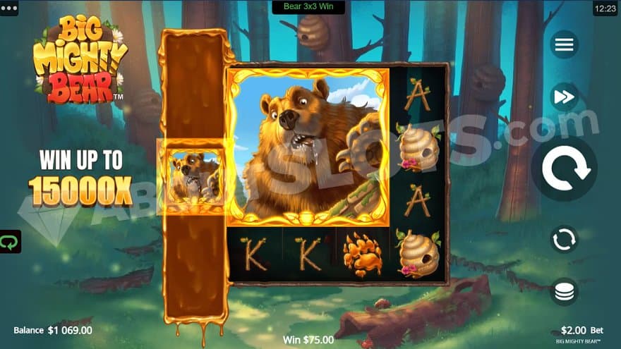 A win with the Big Bear in a colossal 3x3 symbol on reels 2, 3, and 4.