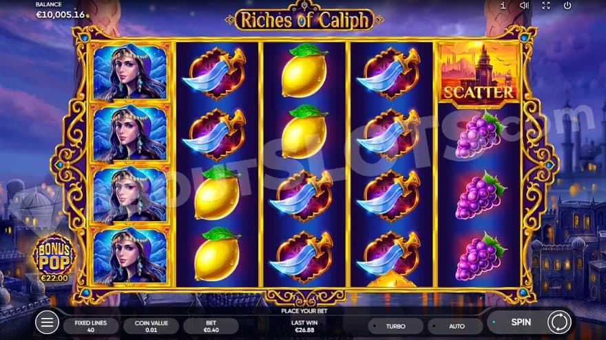 A casino slot with a city in the background.