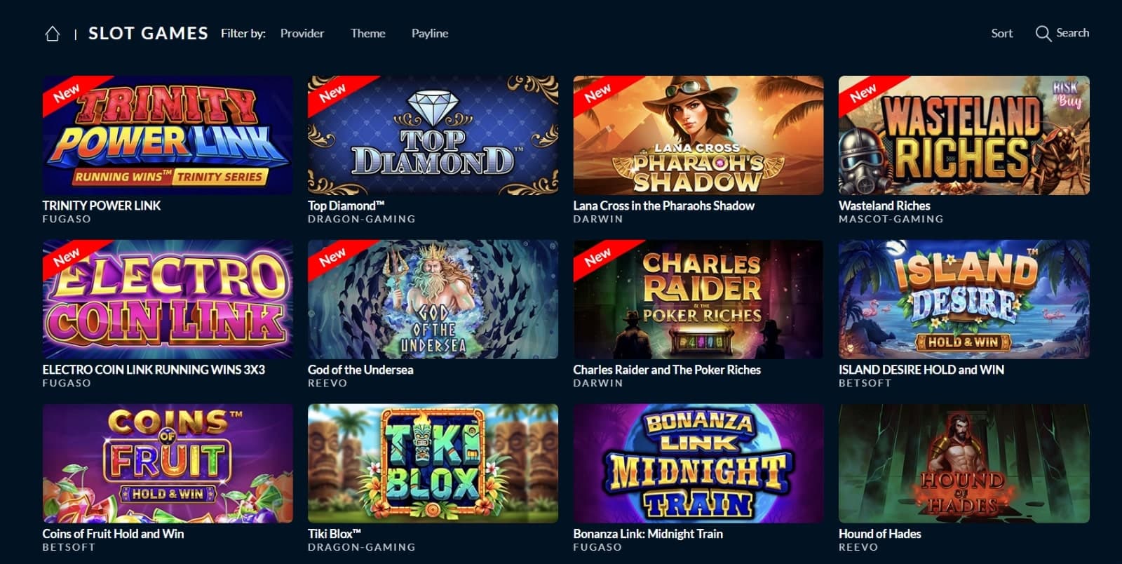 Punt Casino games page with new slots Trinity Power Link and Wasteland Riches