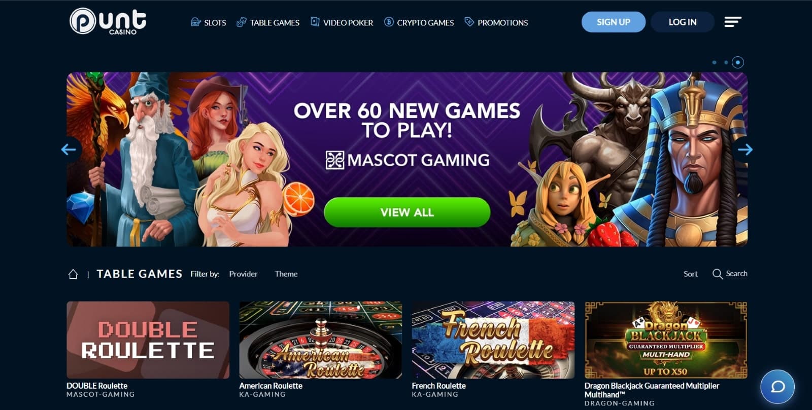 Punt Casino landing page with banner promoting 60 new games 