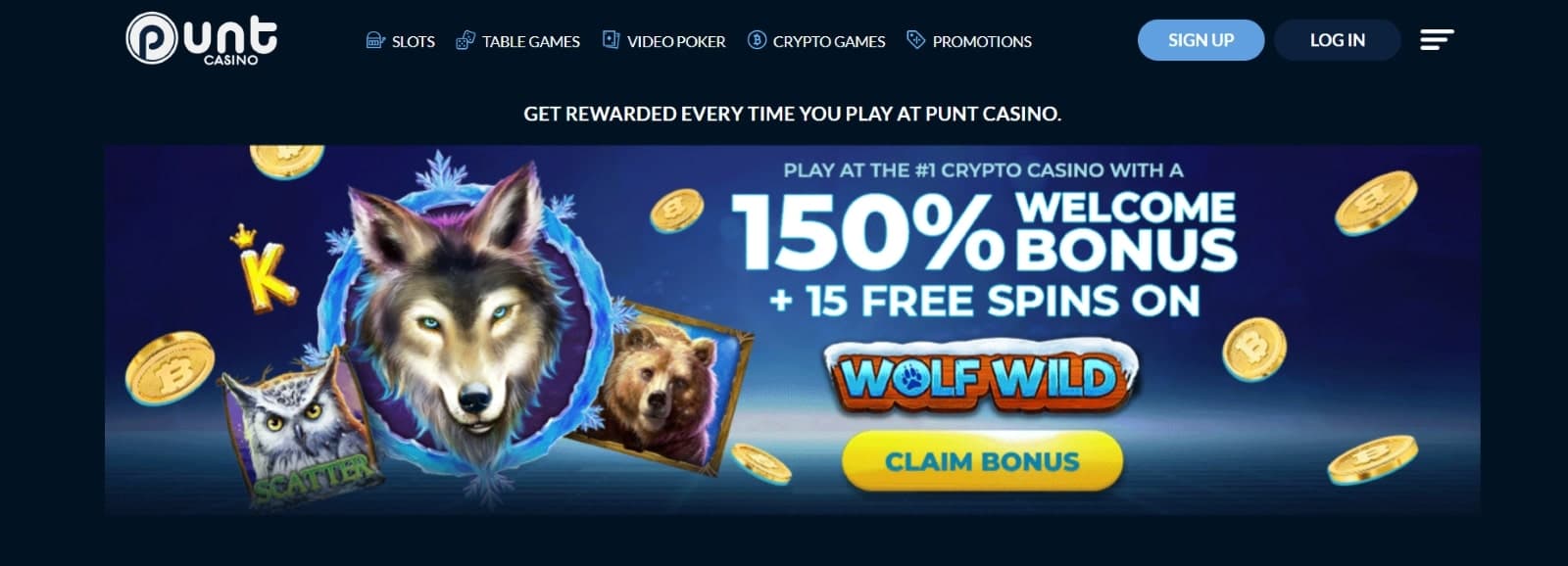 Punt Casino promotions page with welcome bonus on Wolf Wild slot of 150%