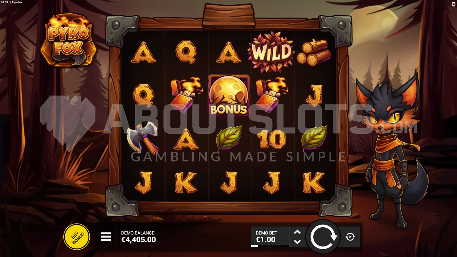 Base Game view of a 5x4 grid on a backdrop of a campsite in a forest with a cartoon fox standing on the right.