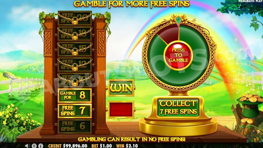 A gamble wheel and 8 levels of free spins from 6 to 20.