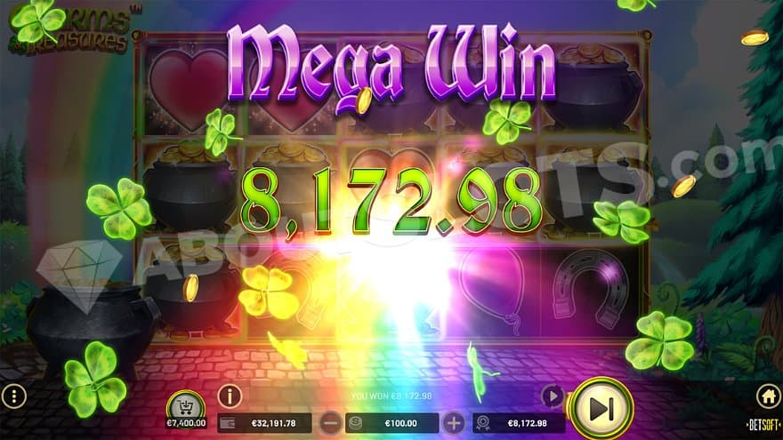 Four-leaf clovers flying through the air and a text saying "Mega Win 8,172.98."