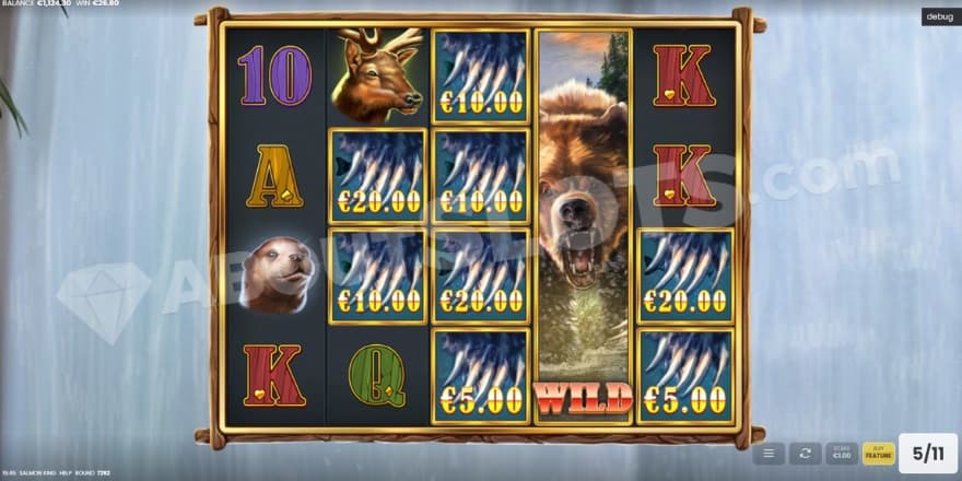 An image of the Free Spins view, with a roaring grizzly collecting fish