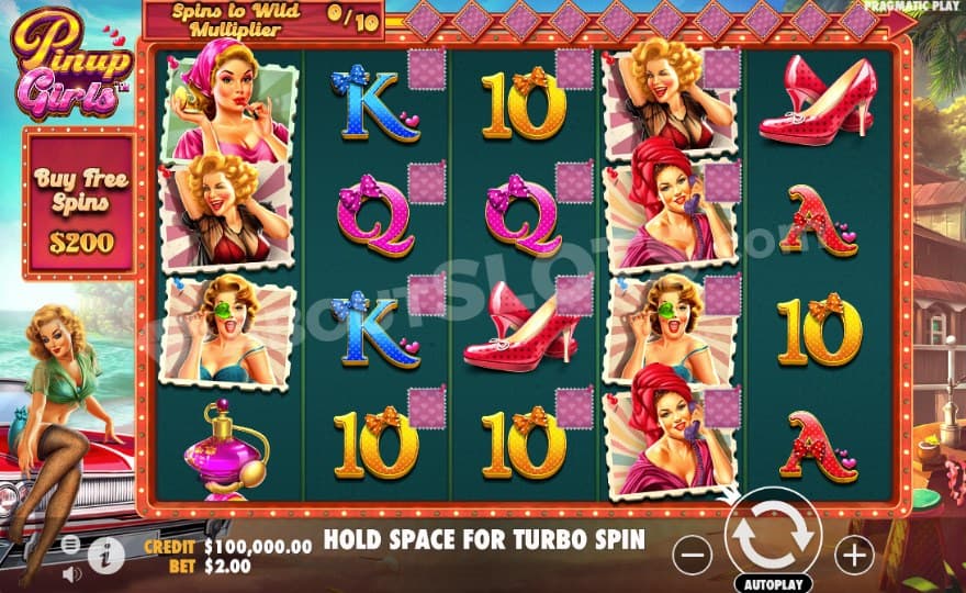 Base game where the reel setup is placed by a beach bar and a pinup model can be seen to the left.