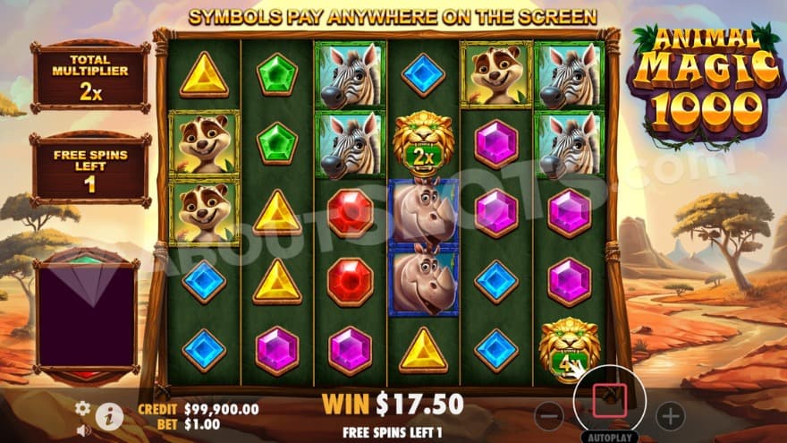 Free Spins bonus game with a beautiful savanna behind the reels.