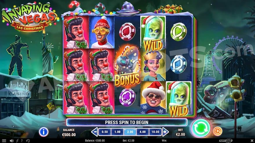 Five reels on a casino slot in Las Vegas during Christmas time.