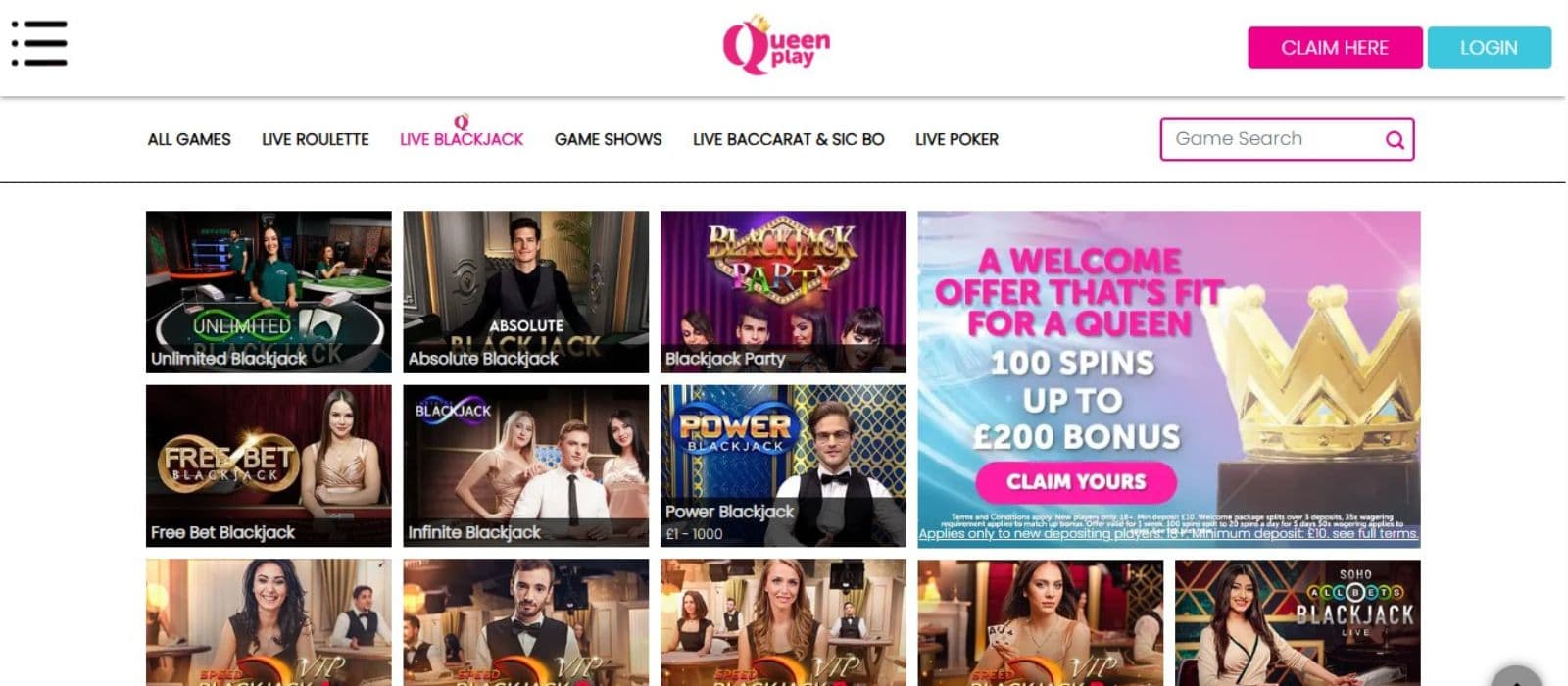 Queenplay Casino's live games category, showing variations of blackjack.