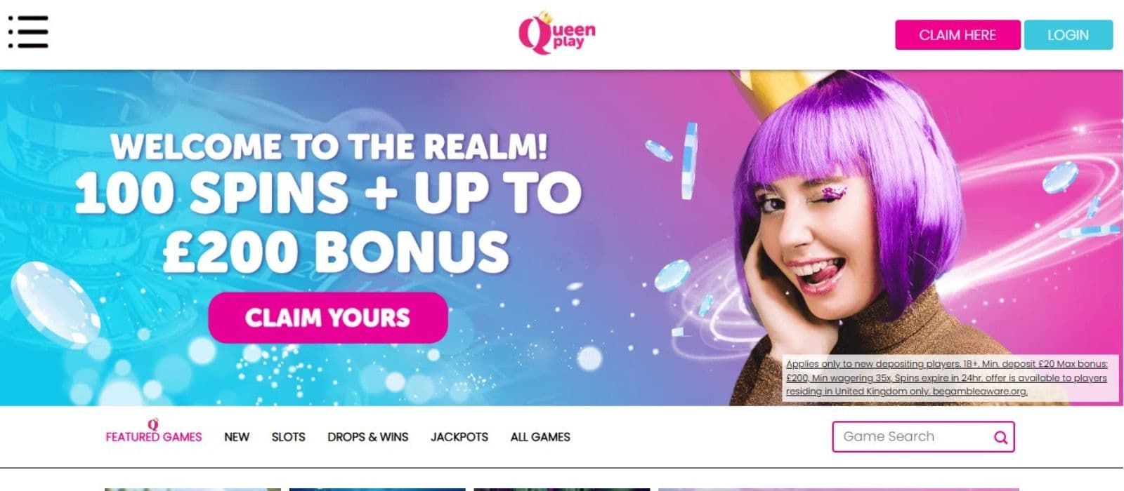 Queenplay Casino's homepage, showing the welcome package worth up to £200 plus 100 free spins.
