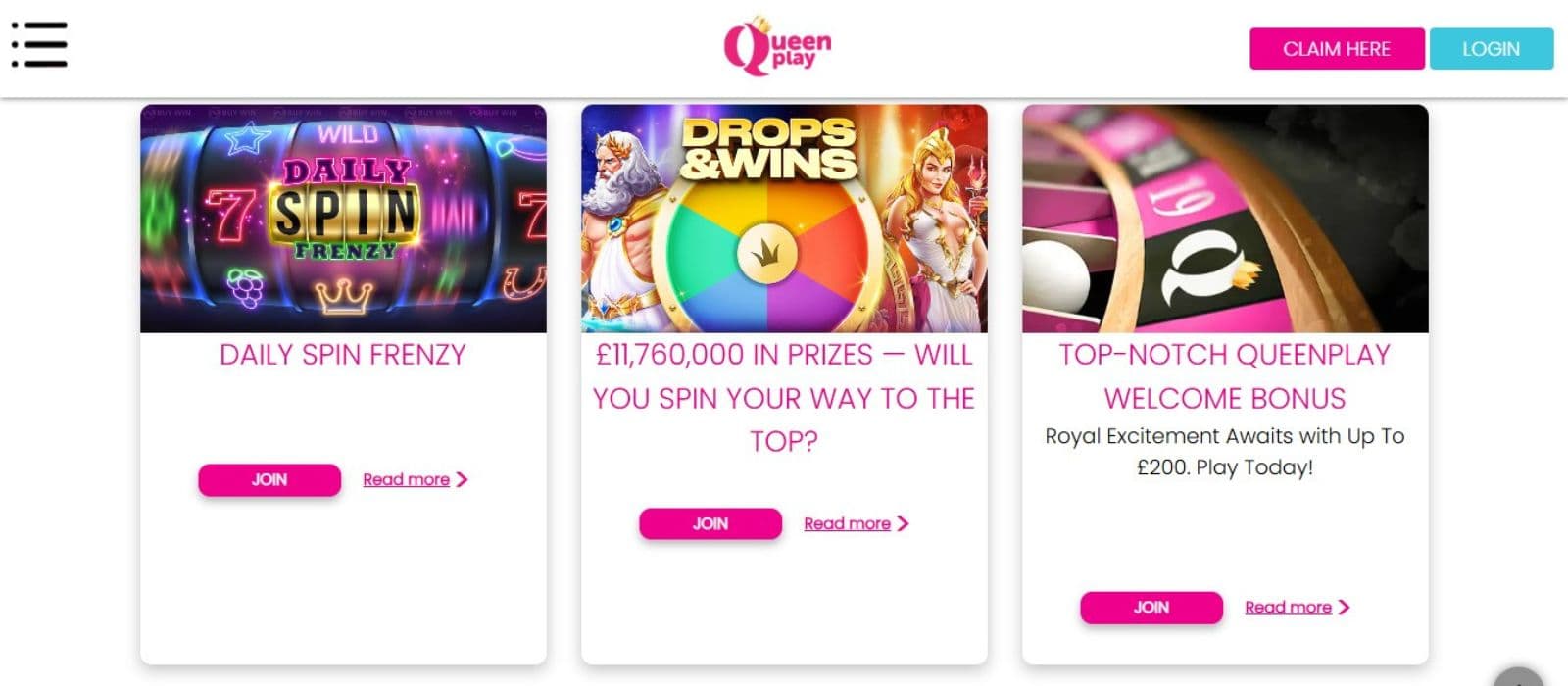 Queenplay Casino's promotion page, showing the welcome package and other rewards.