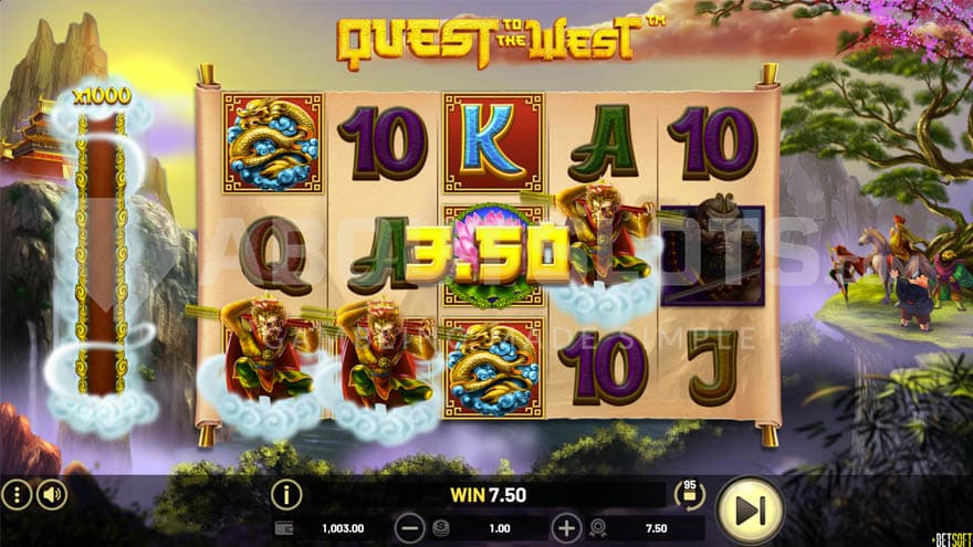 Quest to the West feature in progress with 3 Walking Wilds on reels 1, 2, and 4.