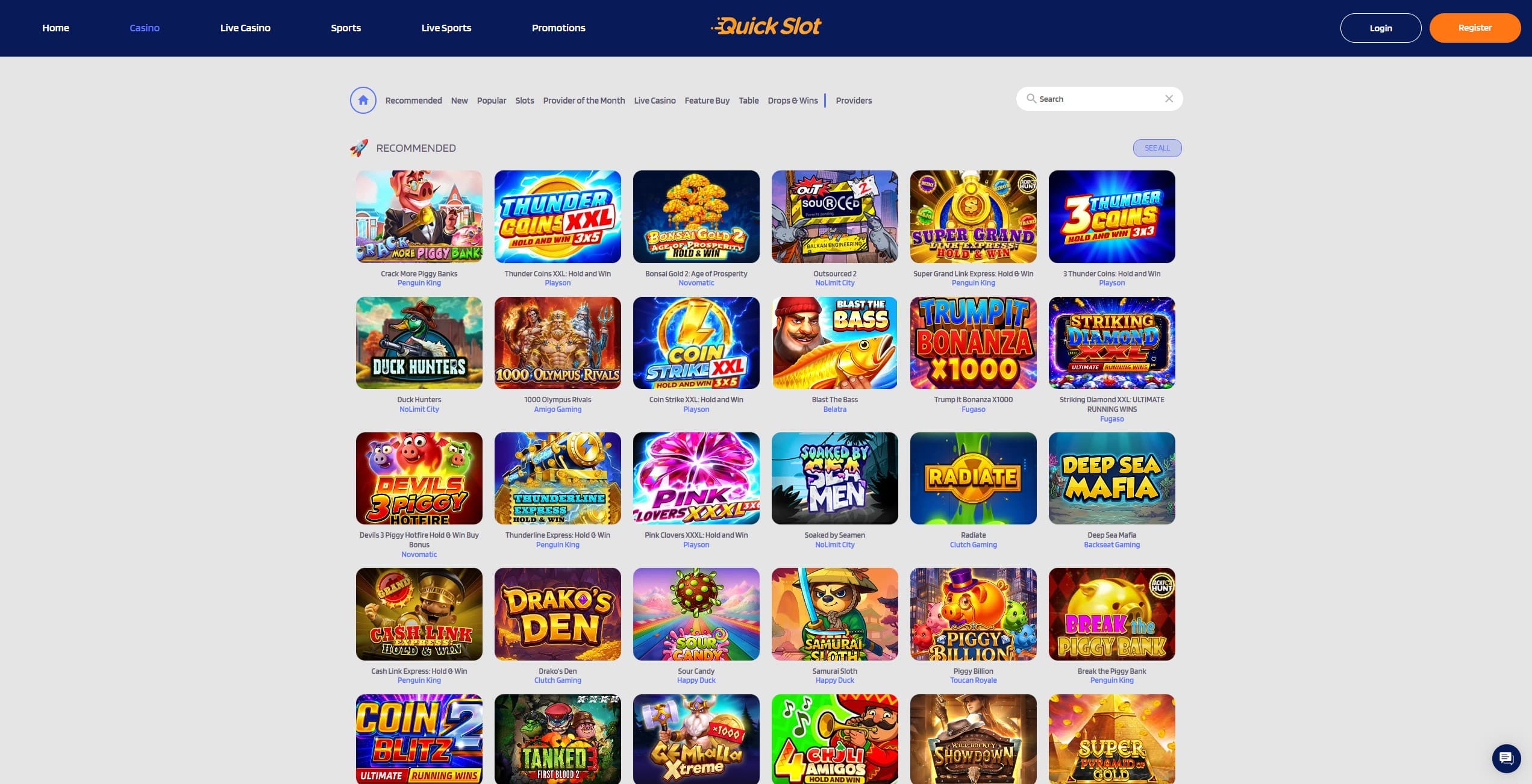 Quickslot Games Page showing a selection of casino games