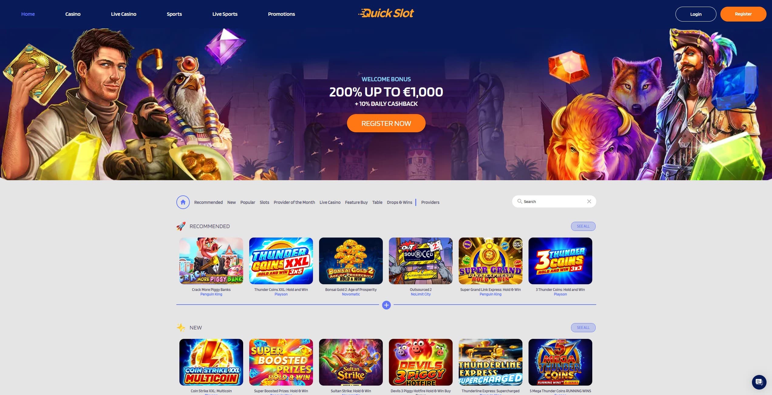 Quickslot Landing Page showing a selection of different game categories