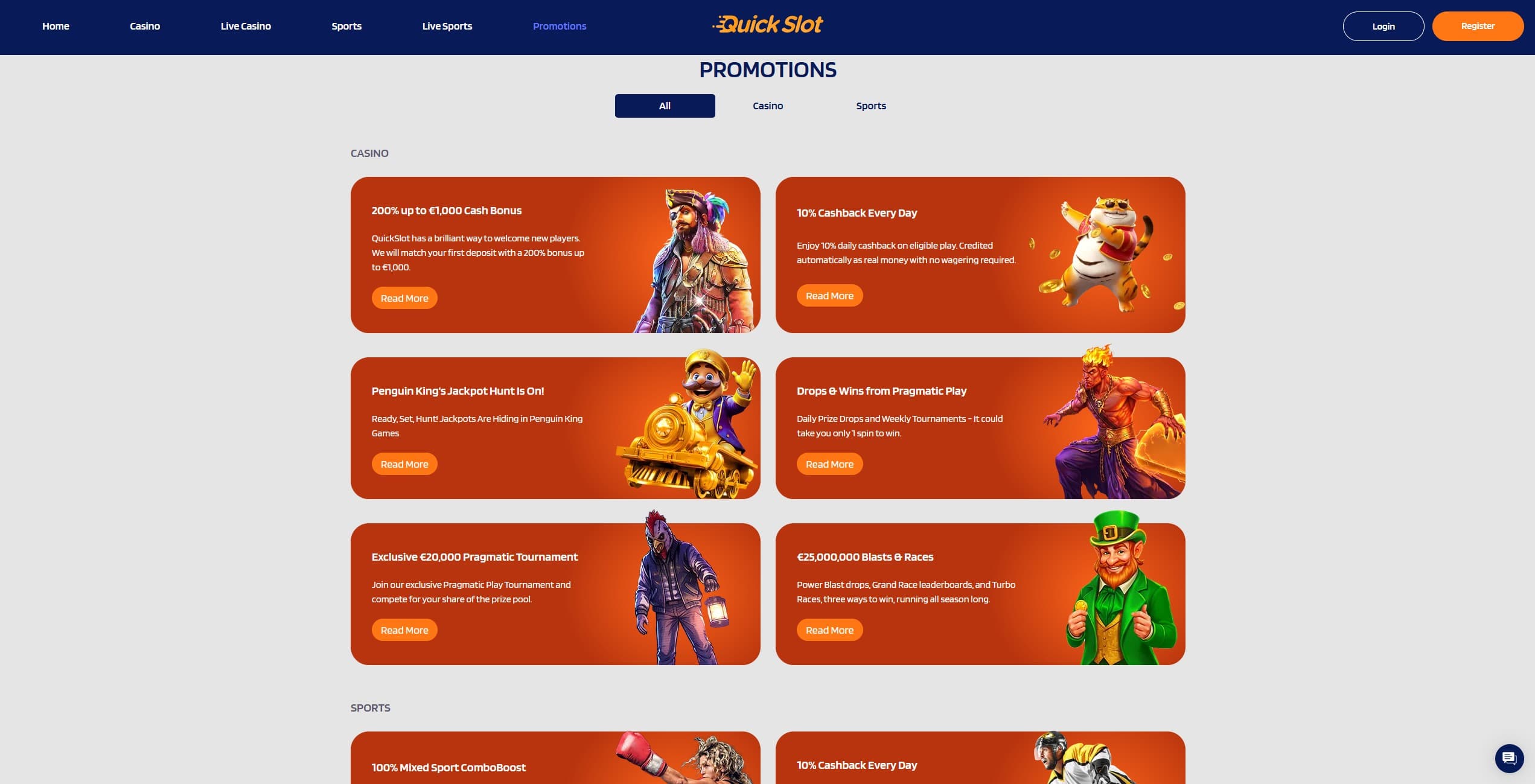 Quickslot Promotions Page showing the available bonuses and promotions