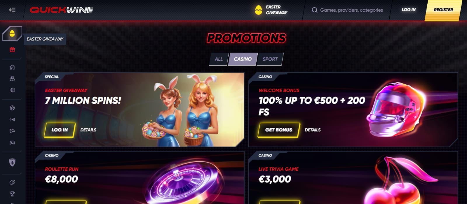 QuickWin Casino promotions page with casino bonuses and Easter Giveaway 