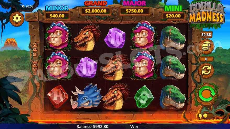 Grid of Gorilla Madness slot with spinning reels and a forest in the background