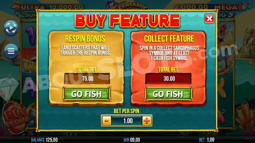 A menu offering the Respins for 75X the bet and the Collect Feature for 30X the bet. 