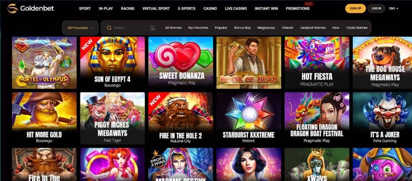 Slot games thumbnails with animated images for different titles in the category.
