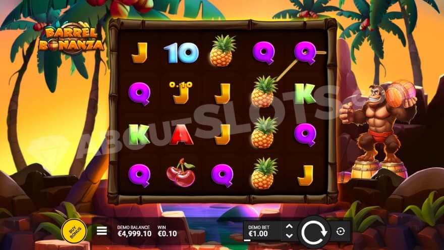 Base game with a gorilla to the right of the reels, holding a barrel.