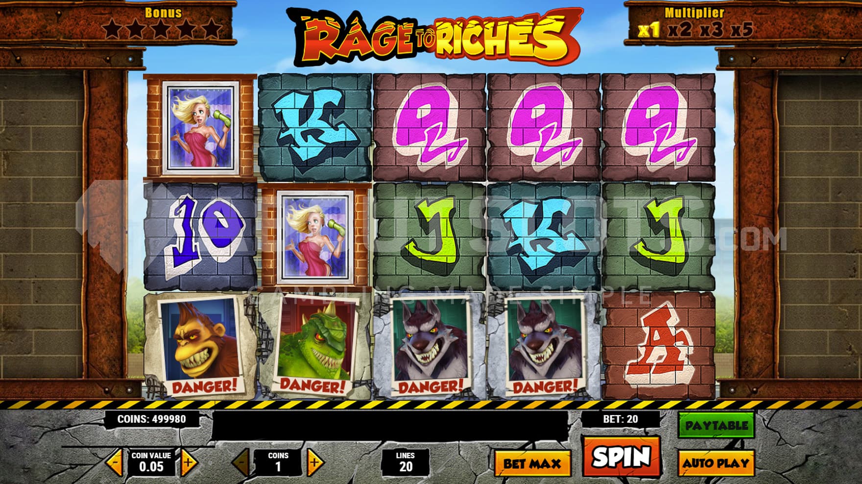 Base Game view of a 5x3 grid on a backdrop of a brick wall.