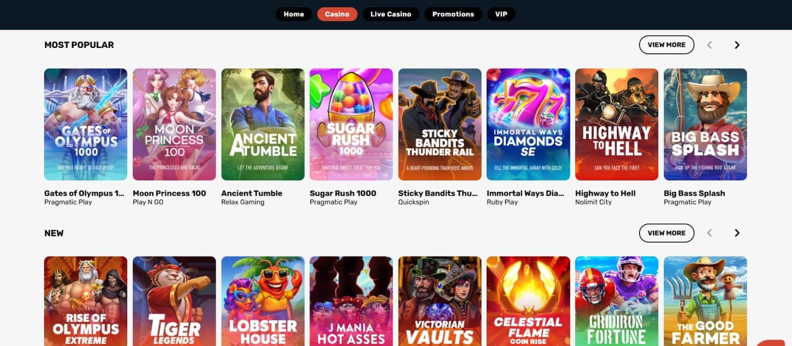 Rapid Casino games page featuring the most popular and newest games such as Gates of Olympus, Tiger Legends and Big Bass Splash
