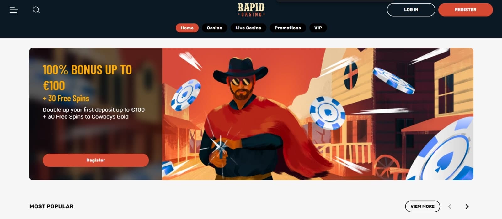 Rapid Casino's landing page featuring the100% welcome bonus of 300 free spins with cowboy image and registration button