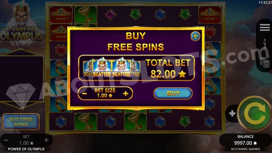 A menu offering the Free Spins for 82X the bet.