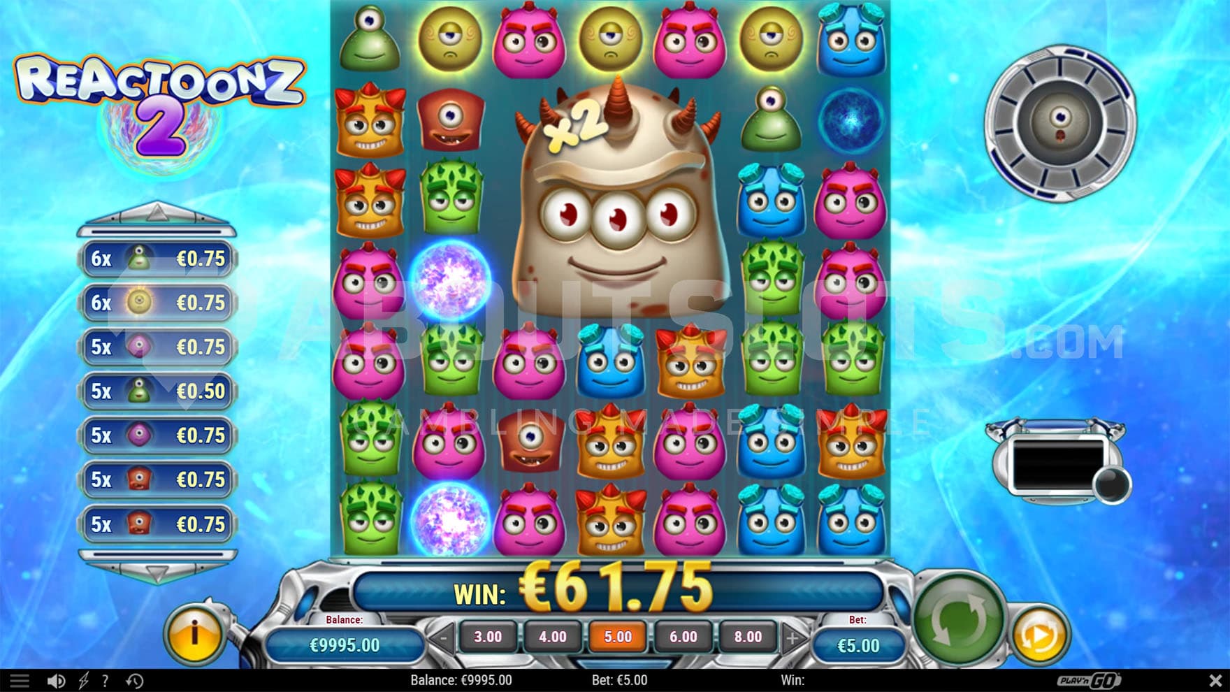 Gargantoon feature triggered through an overcharged meter, placing a 3x3 Wild with an x2 multiplier on the grid.