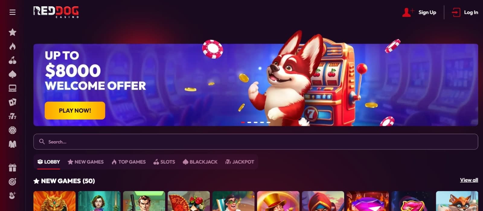 RedDog Casino landing page featuring the 8000 dollars welcome bonus and the corgi mascot character above new games section