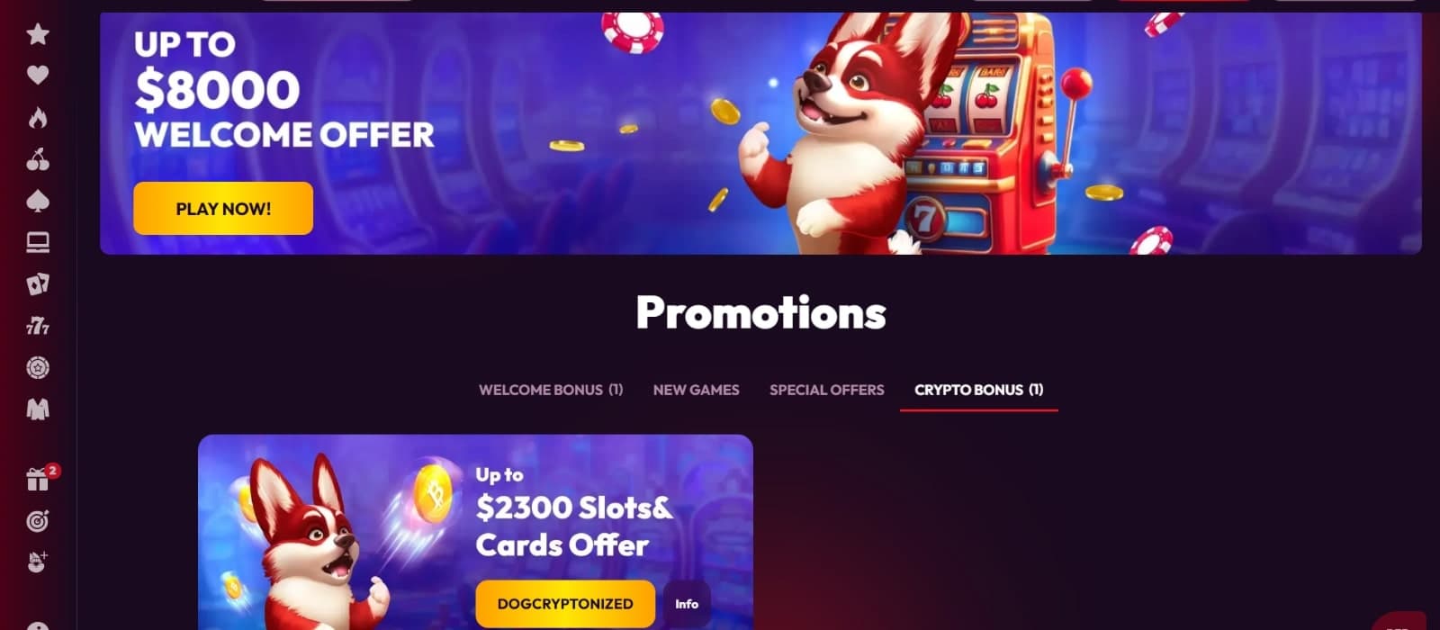 RedDog Casino's promotion page featuring the crypto bonus of 2300 dollars and the welcome bonus banner