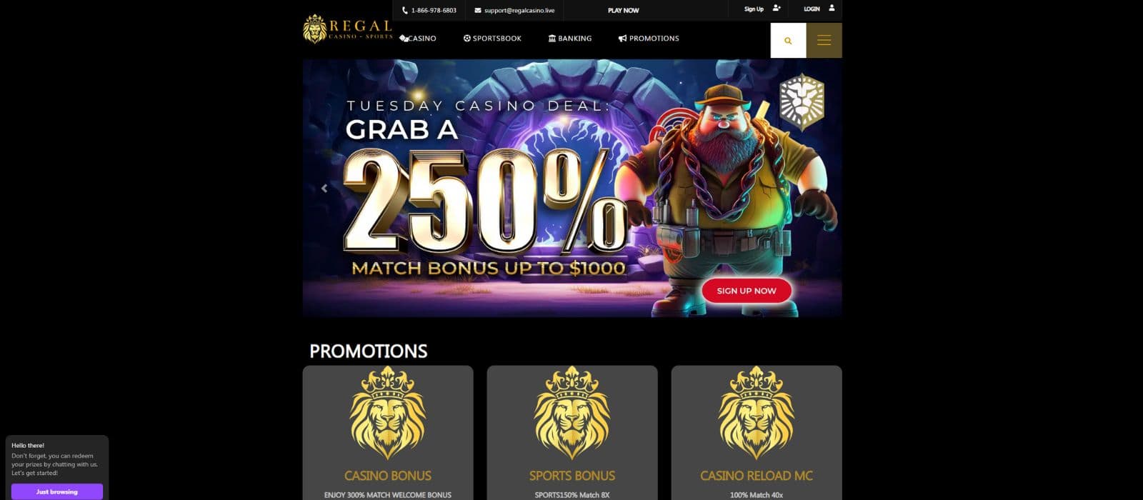 Regals Casino promotions page showing the available bonuses and promotions