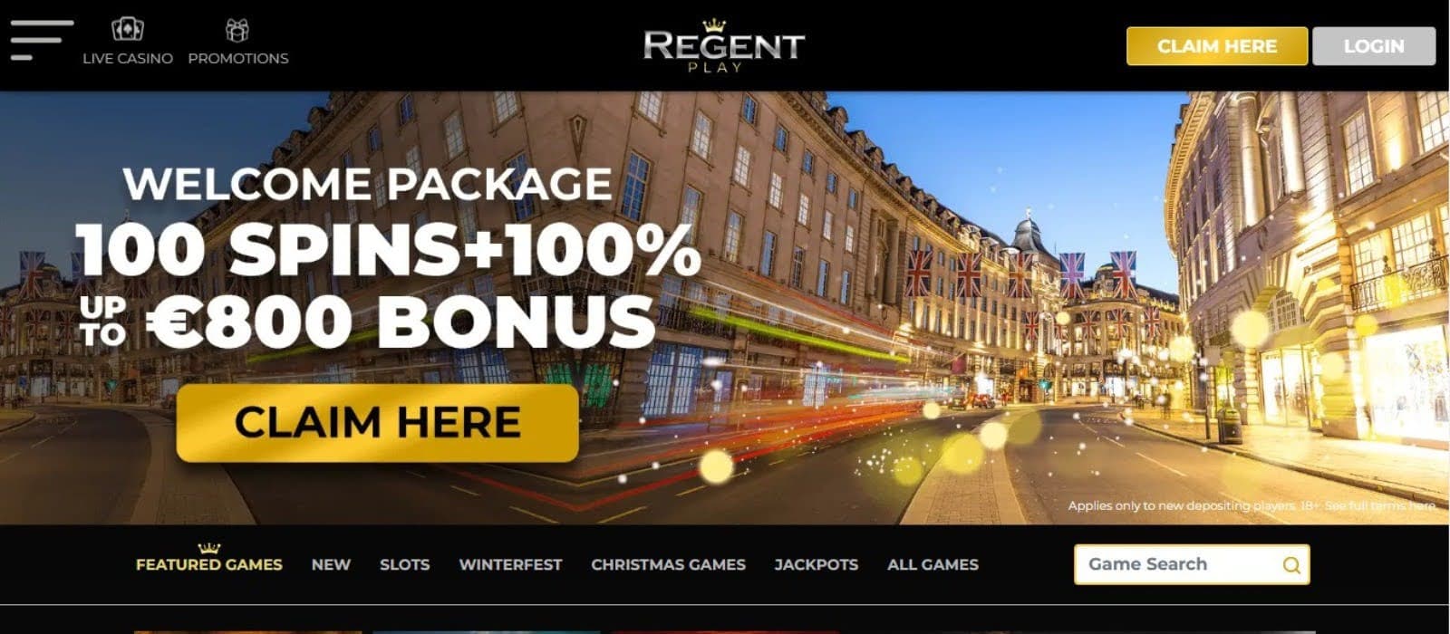 Regent Play Casino's homepage, showing the welcome bonus and game tabs.