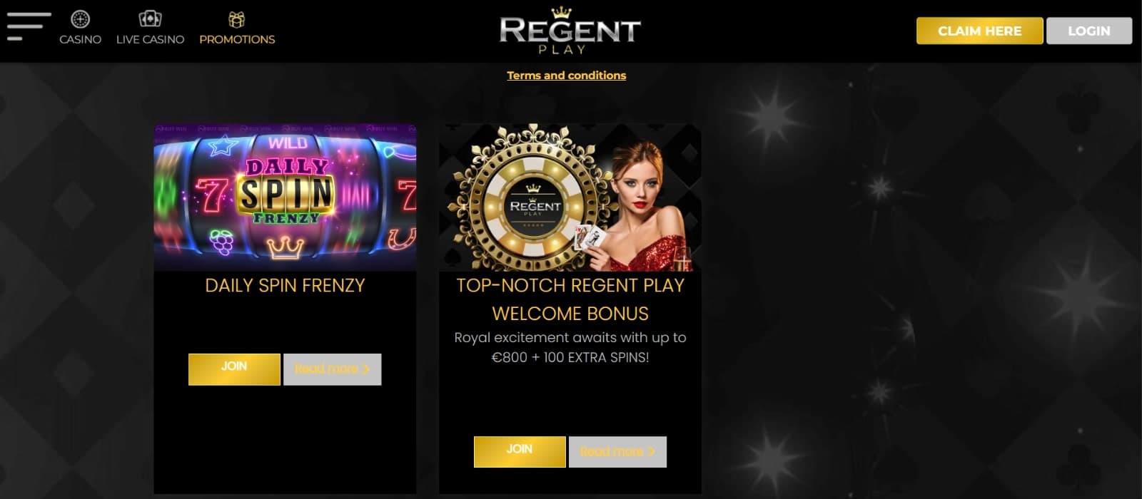 Regent Play promotions page featuring the daily spins frenzy and welcome bonus of 800 euros and 100 free spins