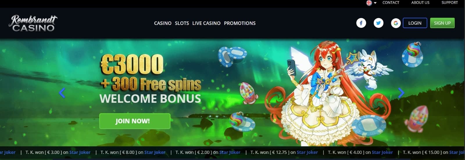  The landing page of Rembrandt Casino showcases the welcome bonus of up to 3000 euros with anime girl image