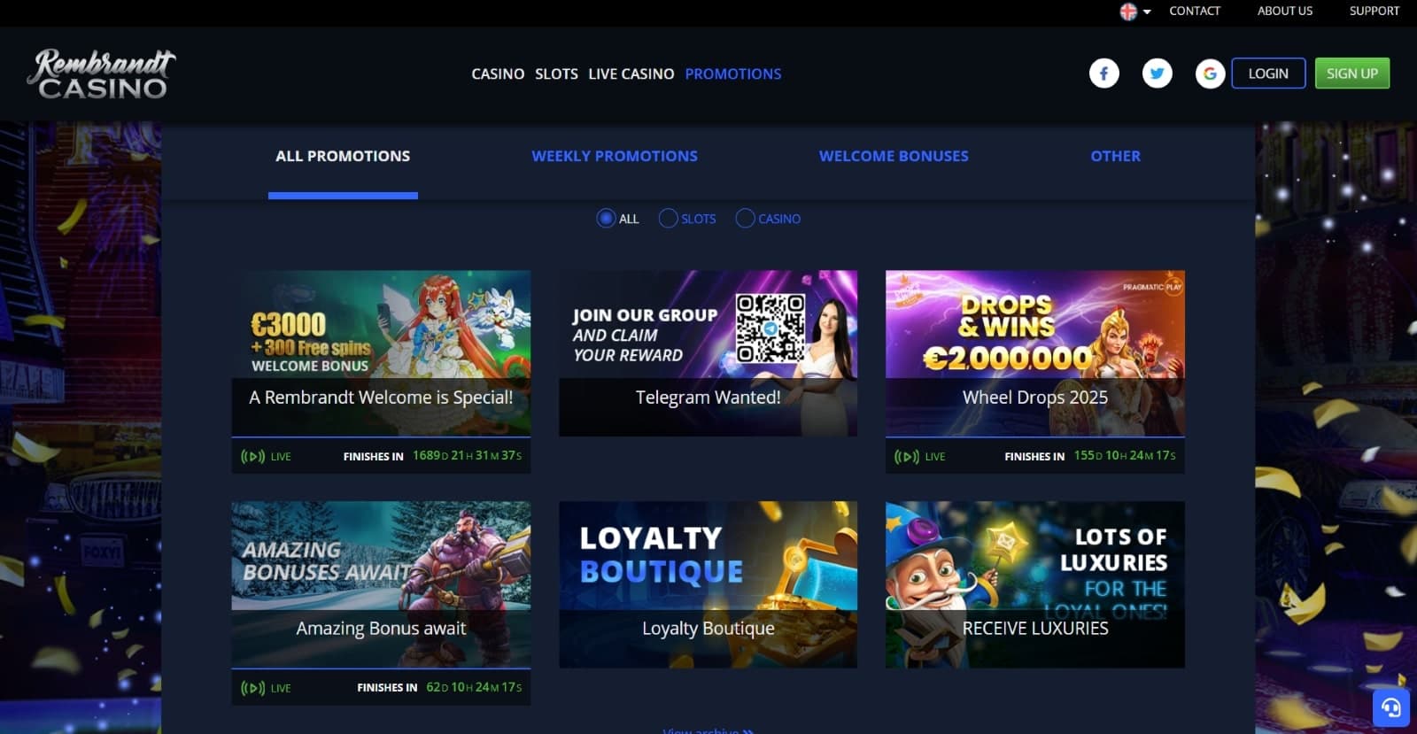 The promotions page of Rembrandt Casino displays a wide range of casino bonuses, such as the welcome bonus, drops and wins, and more.