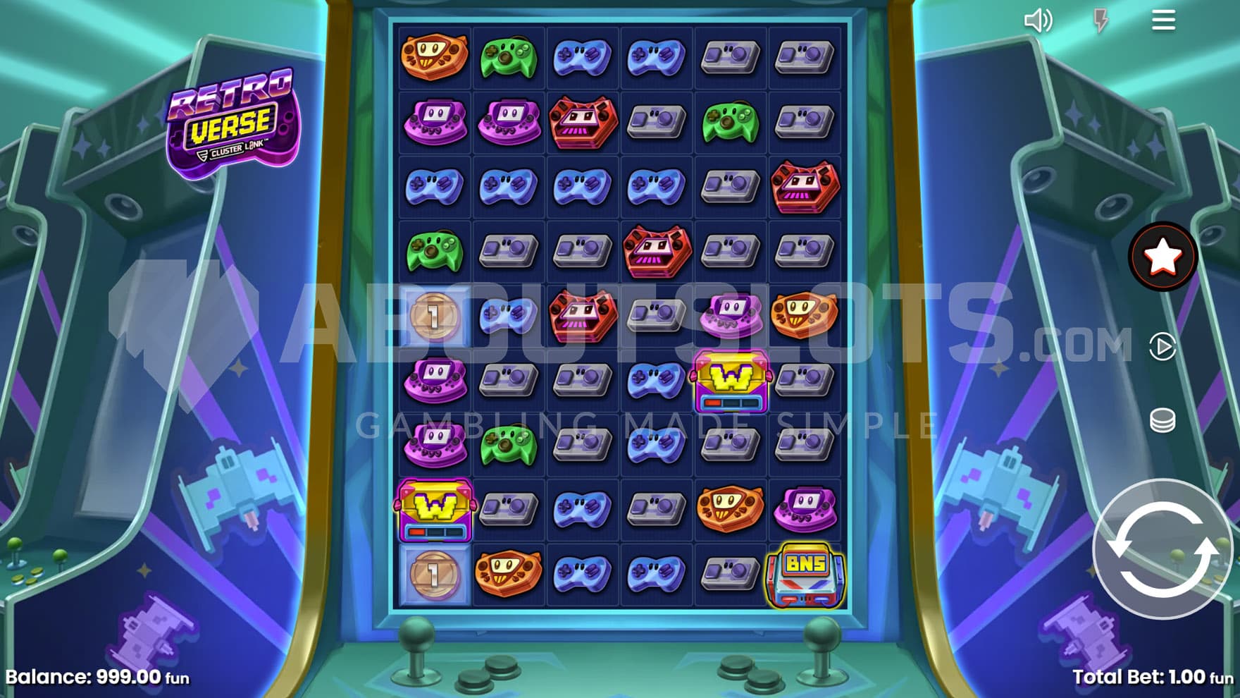 Base Game view of a 6x9 grid on a backdrop filled with arcade cabinets.