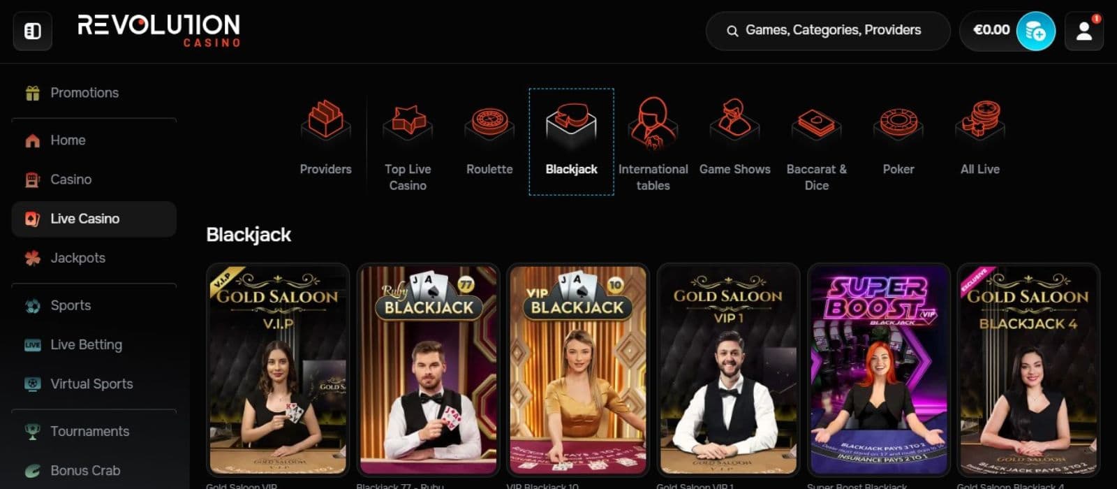Revolution Casino's live games section, showing variations of blackjack.