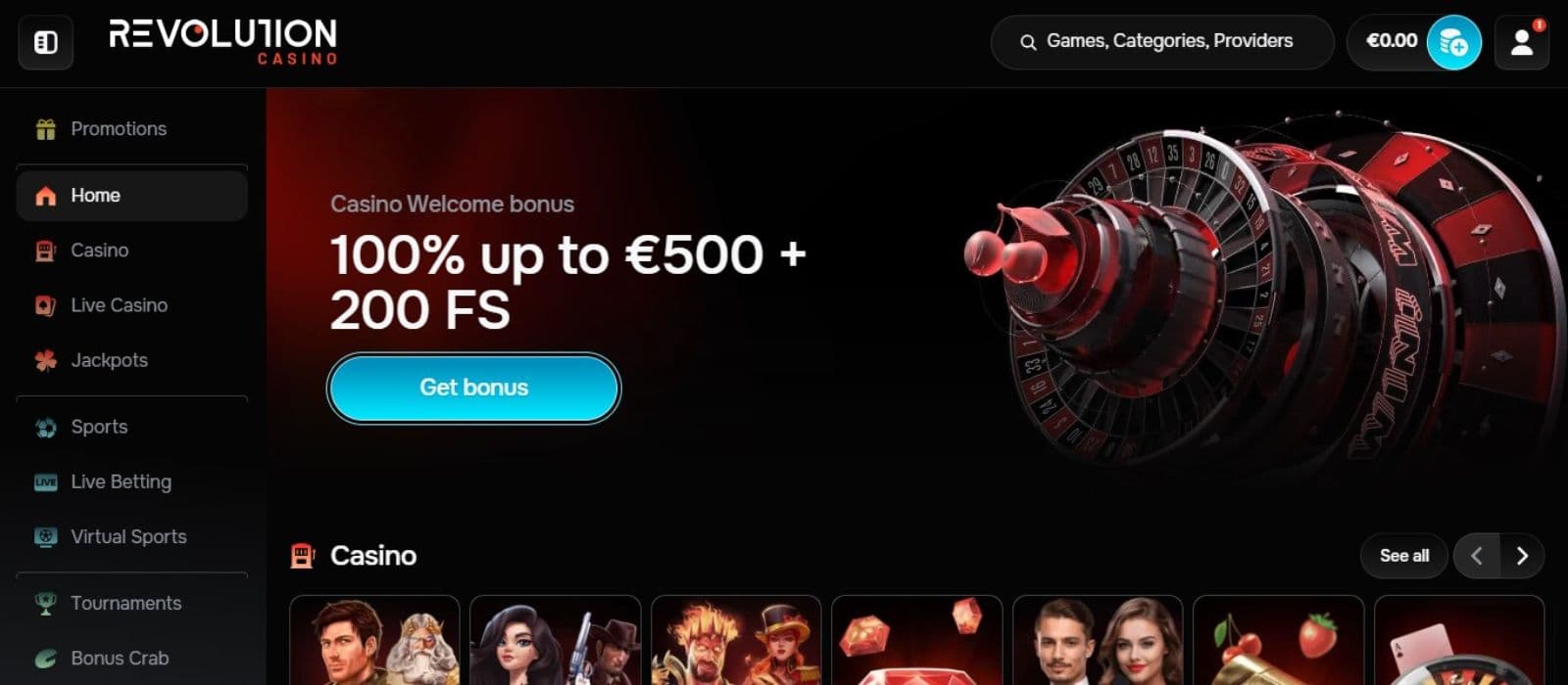 Revolution Casino's homepage, showing the welcome bonus and a sidebar menu.