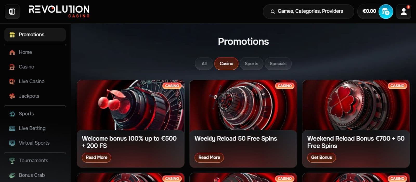 Revolution Casino's promotions page, showing the welcome bonus and some reload offers.