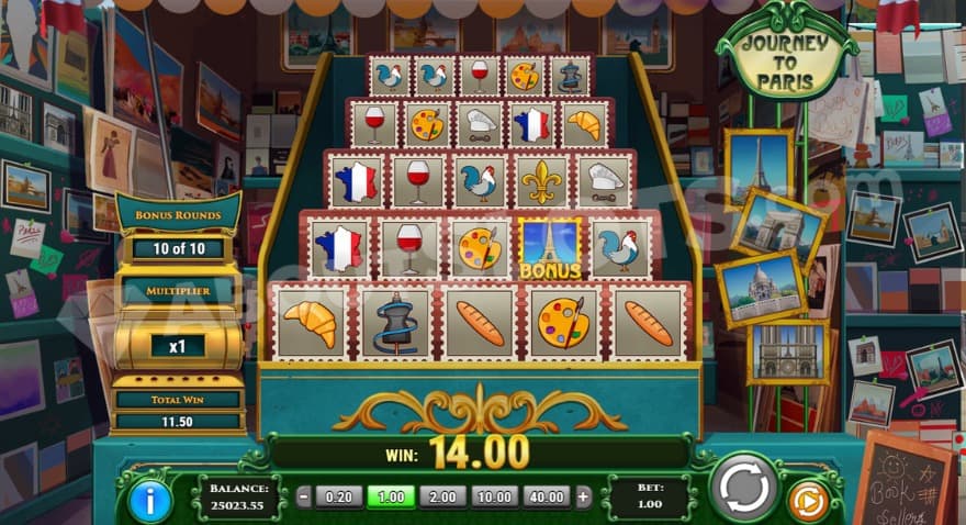 Free Spins bonus game with various symbols on the reels that are related to France.
