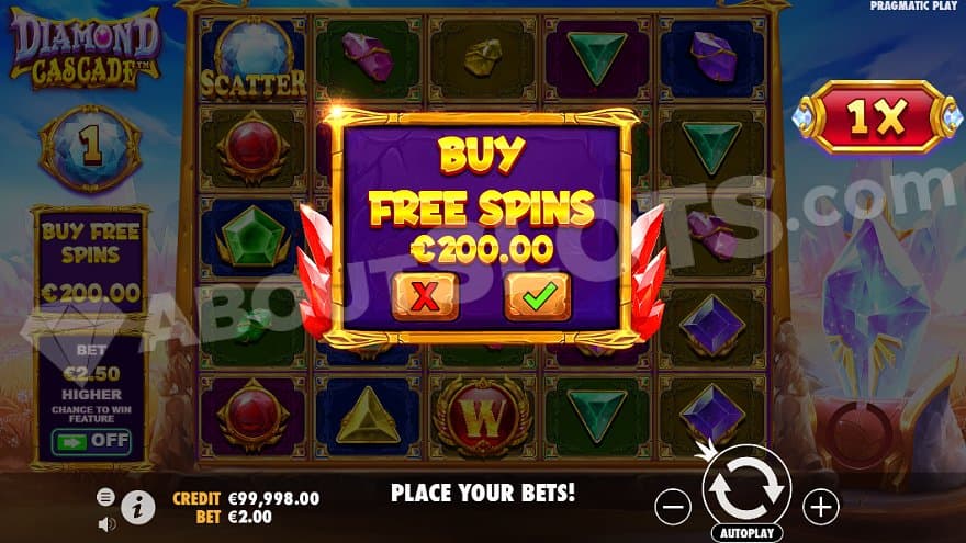 A menu offering the free spins for €200, which is 100X the bet.