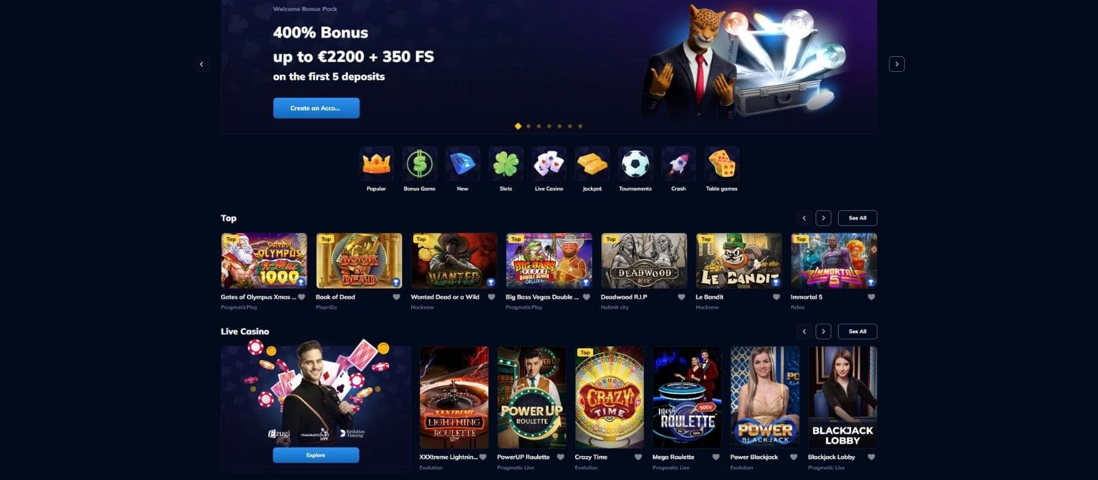 RioAce Casino landing page with popular casino games and different game categories visible. 